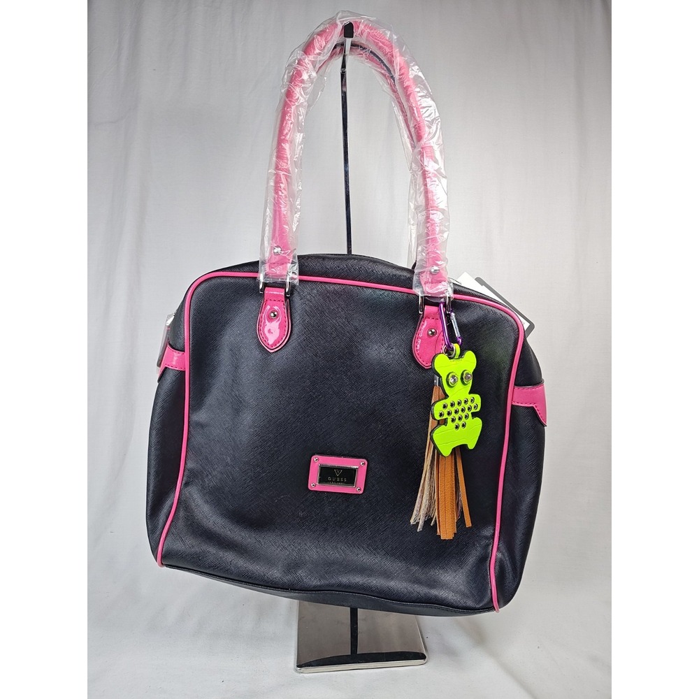 Guess Kory VY422807 Black Pink Saffiano Satchel Handbag Tote Purse Bear NWT